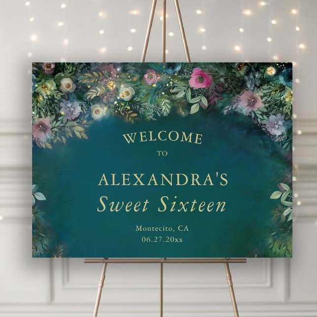 Enchanted Wild Roses Forest Sweet 16 Welcome Sign (enchanted forest welcome party sign wild roses wildflower floral emerald gold woodland fairy woods)