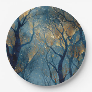 Enchanted Winter Forest with Glowing Golden Trees Paper Plates