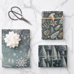 Enchanted Winter Night: Elegant Christmas Set of 3 Wrapping Paper Sheets<br><div class="desc">Elevate your holiday gift wrapping with this exquisite 3-flat-sheet set featuring larger, striking patterns perfect for showcasing your presents. This collection includes a snowy forest under a serene night sky, delicate snowflakes swirling in an elegant winter breeze, and a festive design with stylized pinecones, holly, and berries. The cohesive muted...</div>