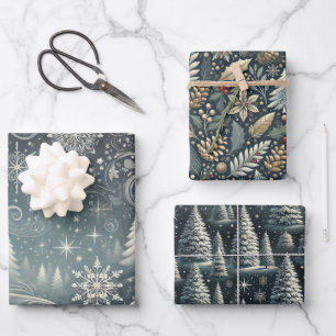 Enchanted Winter Night: Elegant Christmas Set of 3 Wrapping Paper Sheets