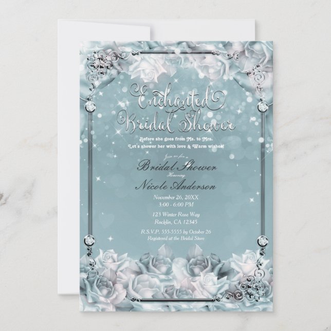 Enchanted Winter Roses Silver White Bridal Shower  Invitation (Front)