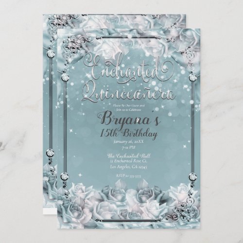 Enchanted Winter Roses Silver White Quinceaera  Invitation