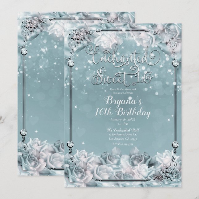 Enchanted Winter Roses Silver White Sweet 16 Party Invitation (Front/Back)