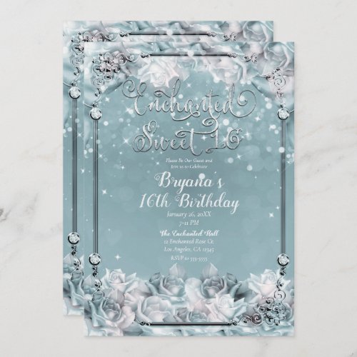 Enchanted Winter Roses Silver White Sweet 16 Party Invitation