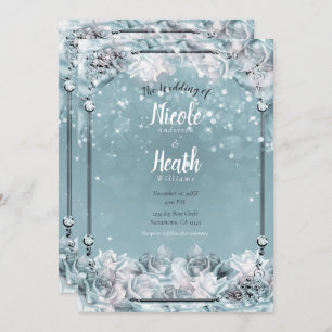Enchanted Winter Roses Silver White Teal Wedding Invitation