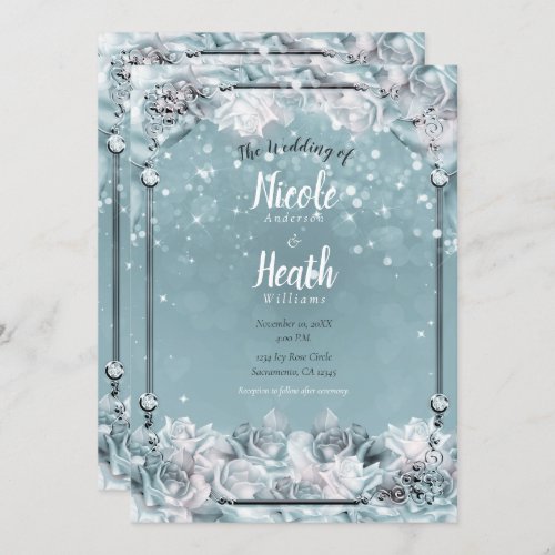 Enchanted Winter Roses Silver White Teal Wedding  Invitation