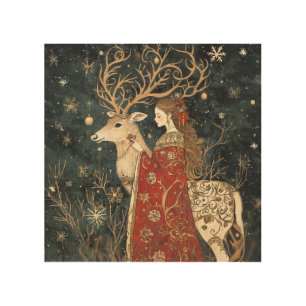Enchanted Winter: The Maiden and the Stag Wood Wall Art