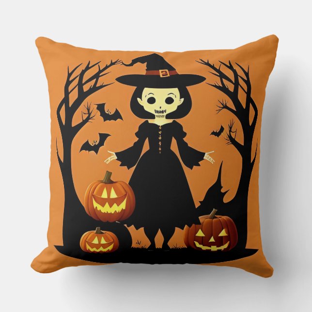 🧙‍♀️🎃 Enchanted Witch Pumpkin Spooky Night Magic Throw Pillow (Front)