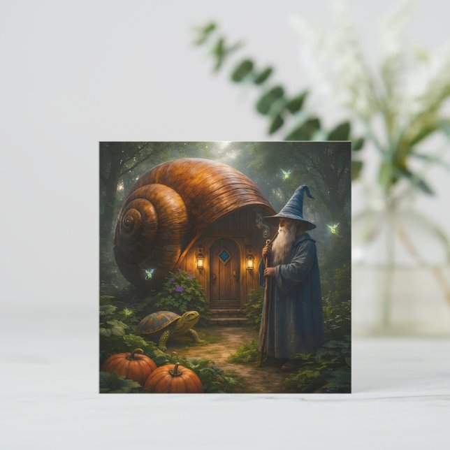Enchanted wizard and snail house whimsical fantasy card (Standing Front)