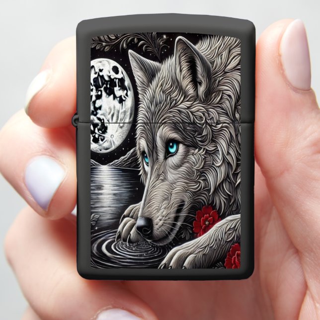 Enchanted Wolf and Reflection Zippo Lighter (In Hand)