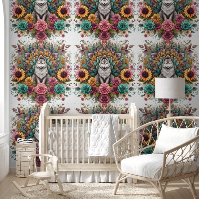 Enchanted Wolf & Boho Blossoms Wallpaper