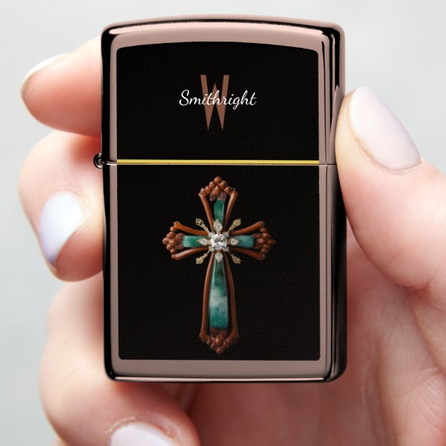 Enchanted Wood: Green Stone Cross Zippo Lighter (In Hand)