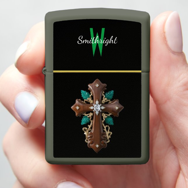 Enchanted Wooden Cross With Vibrant Greenery Zippo Lighter (In Hand)