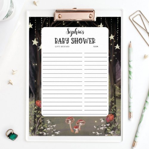 Enchanted Woodland Baby Shower Gifts Received List Poster