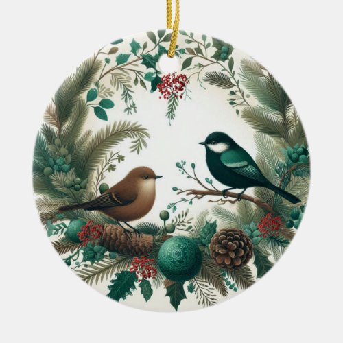 Enchanted Woodland Birds and Boughs Ceramic Ornament