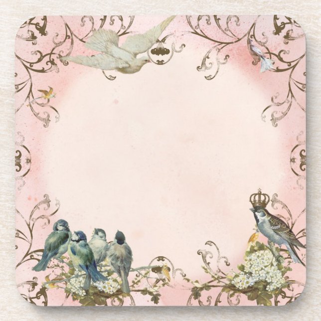 Enchanted Woodland Birds Dove Swirl Personalized Beverage Coaster (Front)