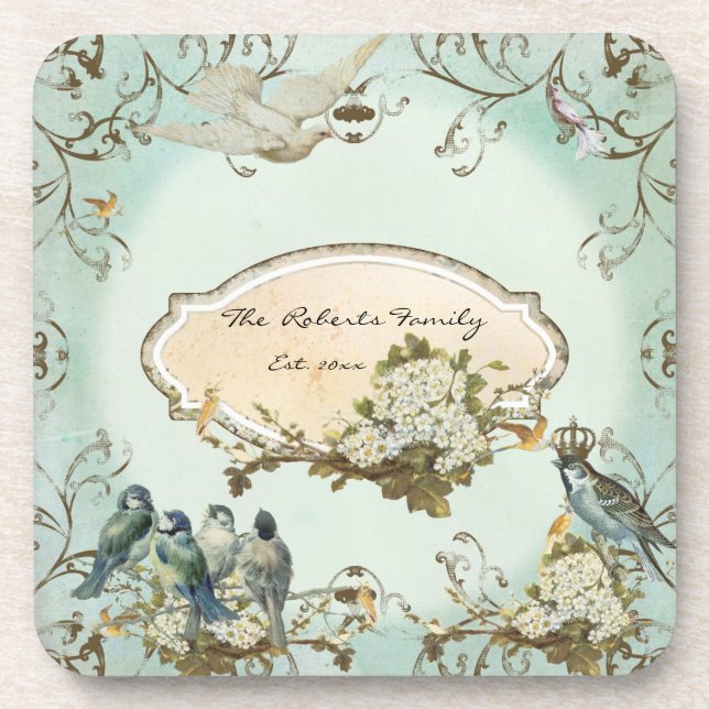 Enchanted Woodland Birds Dove Swirl Personalized Coaster (Front)