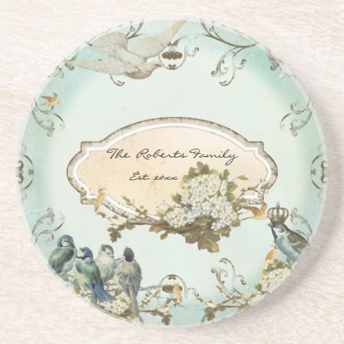 Enchanted Woodland Birds Dove Swirl Personalized Drink Coaster