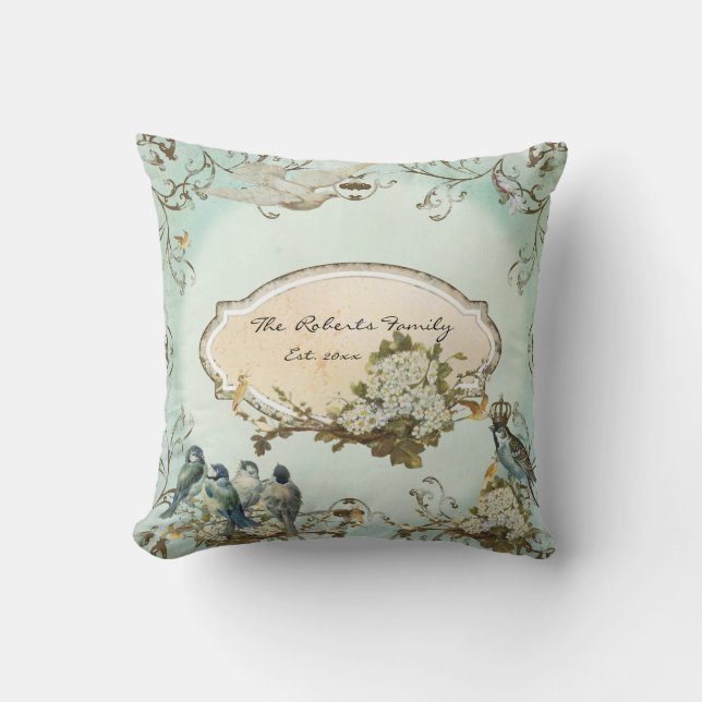 Enchanted Woodland Birds Dove Swirl Personalized Throw Pillow (Front)