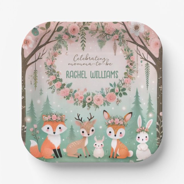 Enchanted Woodland Forest Creatures Baby Shower Paper Plates (Front)