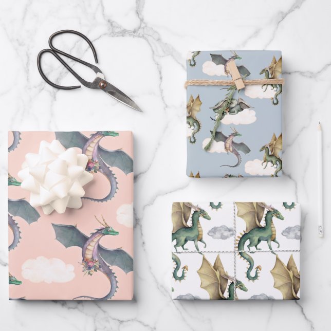 Enchanted Woodland Forest Dragon Birthday Wrapping Paper Sheets (Front)