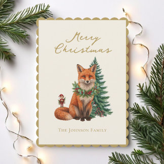 Enchanted Woodland Fox and Christmas Gnome Holiday Card
