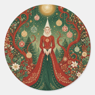 Enchanted Yuletide Forest Elf Queen Classic Round Sticker