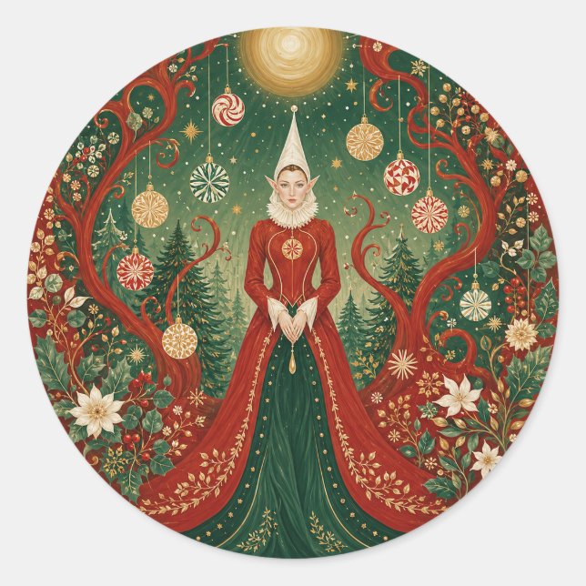 Enchanted Yuletide Forest Elf Queen Classic Round Sticker (Front)