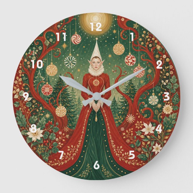 Enchanted Yuletide Forest Elf Queen Large Clock (Front)
