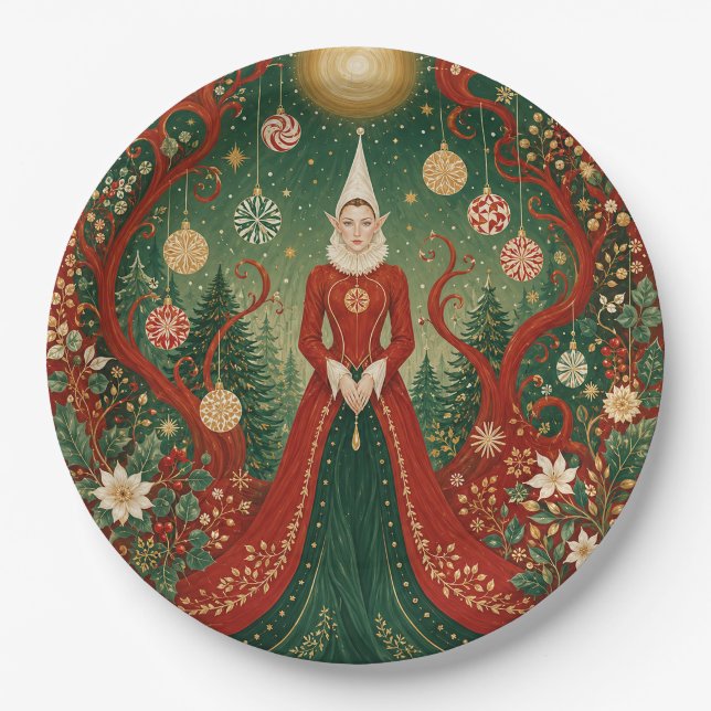 Enchanted Yuletide Forest Elf Queen Paper Plates (Front)