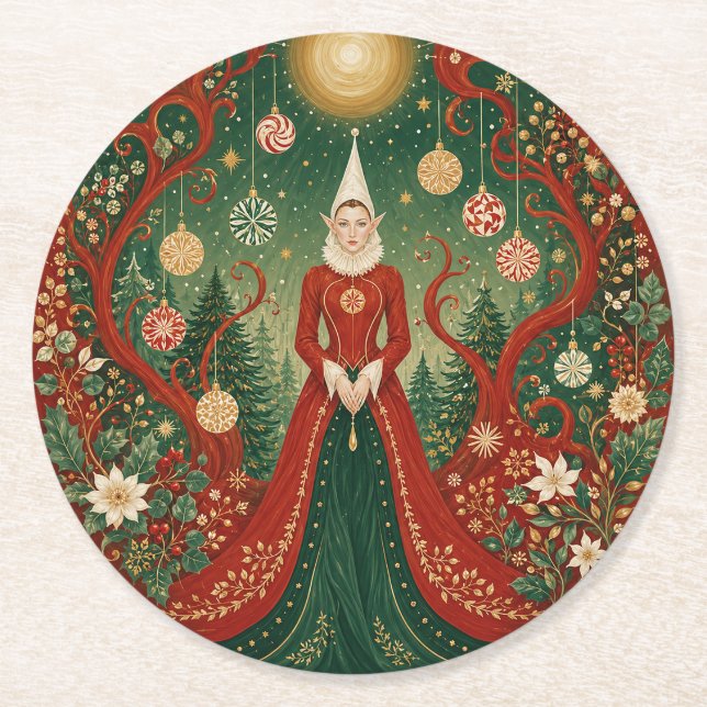 Enchanted Yuletide Forest Elf Queen Round Paper Coaster (Front)