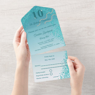 Enchanting 10th Birthday Teal Blue Glitter   Any A All In One Invitation