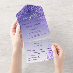 Enchanting 1st Birthday Purple Glitter   Any Age All In One Invitation