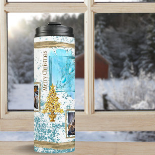 Enchanting 5 Photo Collage Blue & Gold Christmas Thermal Tumbler