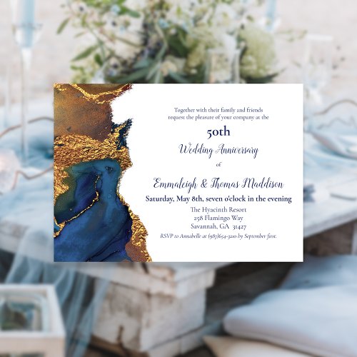 Enchanting Abstract Blue Gold Wedding Anniversary Invitation