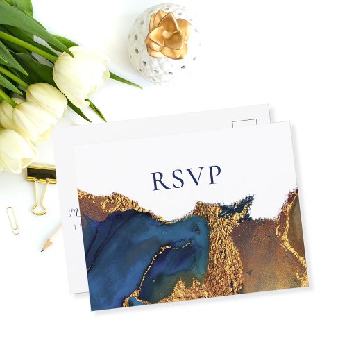 Enchanting Abstract Blue Gold Wedding RSVP Invitation Postcard