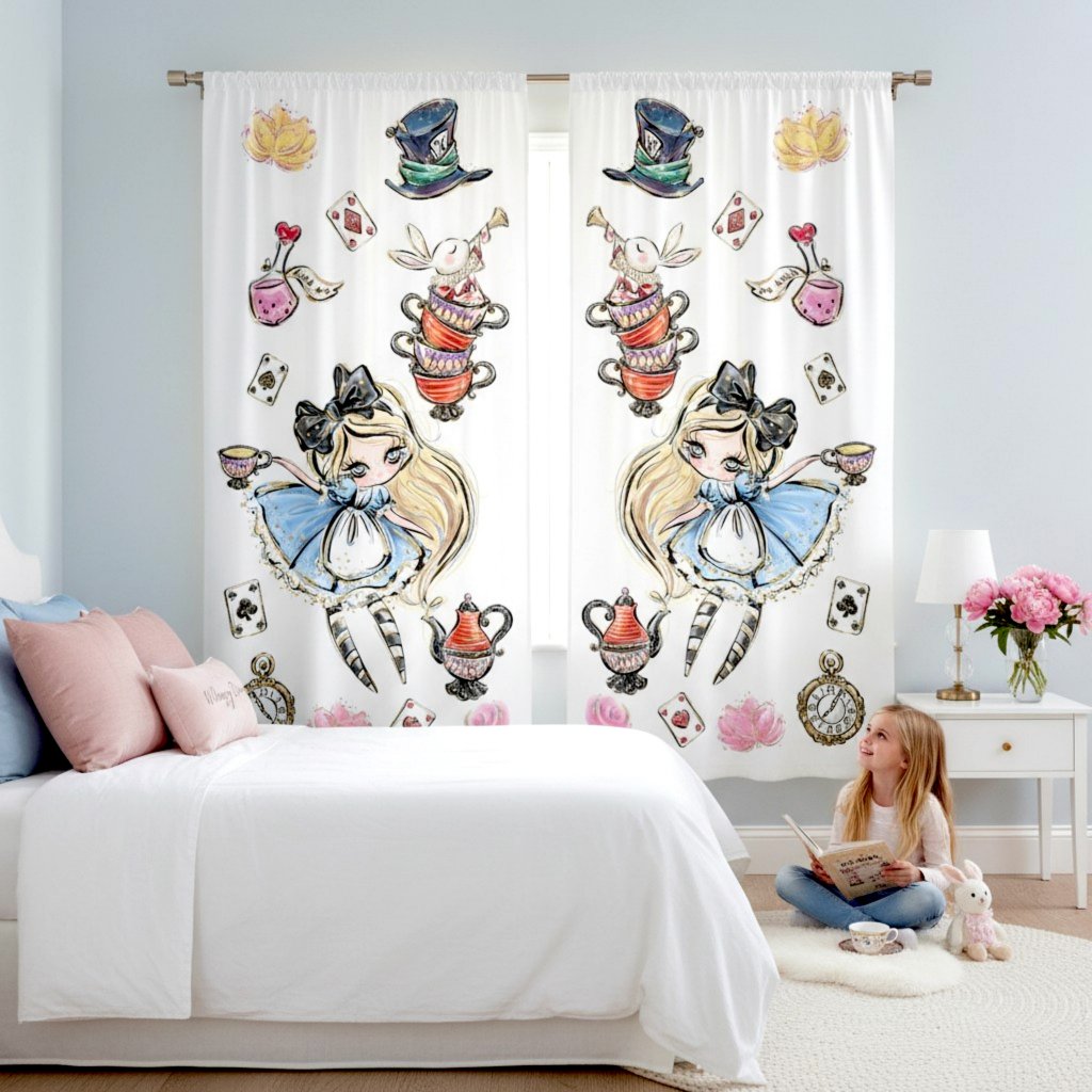 Enchanting Alice Wonderland Inspired Sketch Design Blackout Curtains