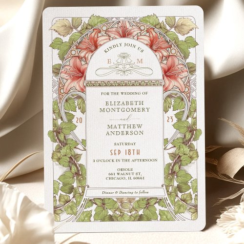 Enchanting Amaryllis Art Nouveau Wedding Invitation