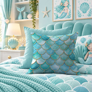 Enchanting Aqua Mermaid Scales Glow Throw Pillow