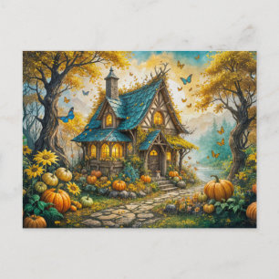 Enchanting Autumn Cottage with Pumpkins Postcard