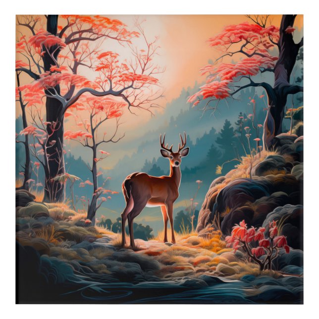 Enchanting Autumn Deer Forest Scene Design Acrylic Print (Front)