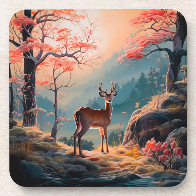 Enchanting Autumn Deer Forest Scene Design Beverage Coaster (Front)