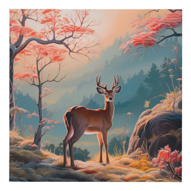 Enchanting Autumn Deer Forest Scene Design Faux Canvas Print (Front)