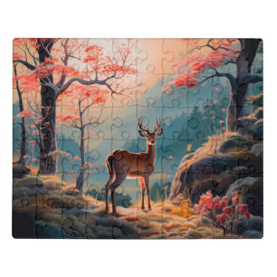 Enchanting Autumn Deer Forest Scene Design Jigsaw Puzzle