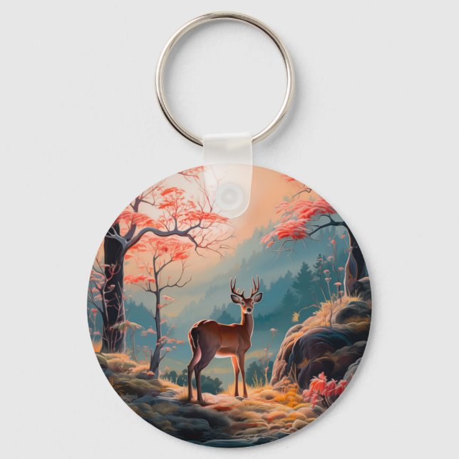 Enchanting Autumn Deer Forest Scene Design Keychain (Front)