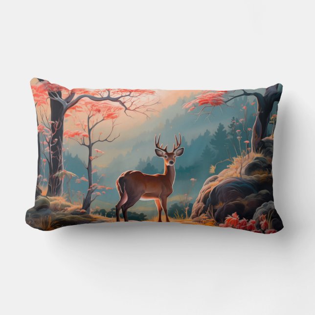 Enchanting Autumn Deer Forest Scene Design Lumbar Pillow (Front)
