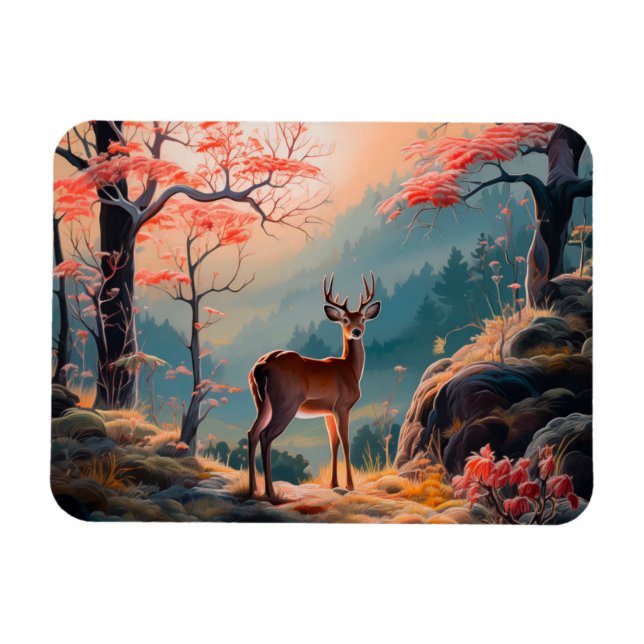 Enchanting Autumn Deer Forest Scene Design Magnet (Horizontal)