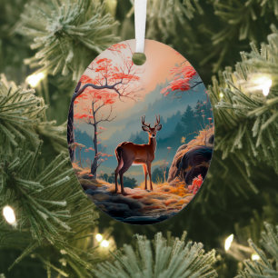 Enchanting Autumn Deer Forest Scene Design Metal Ornament