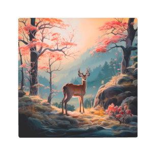 Enchanting Autumn Deer Forest Scene Design Metal Print