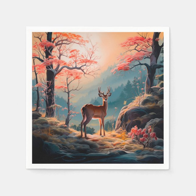 Enchanting Autumn Deer Forest Scene Design Napkins (Front)